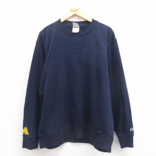 L★古着 チャンピオン champion 長袖 スウェット メンズ ミシガン 刺? クルーネック 紺 ネイビー 25sep24 中古 スエット トレーナー トップス