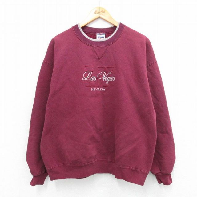 XL★古着 ジャージーズ 長袖 スウェット メンズ 90年代 90s ラスベガス 刺繍 クルーネック USA製 エンジ系他 25sep24 中古 スエット トレーナー トップス