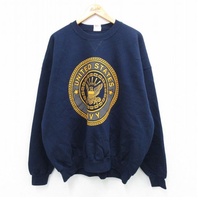XL★古着 長袖 スウェット メンズ 90年代 90s ミリタリー USネイビー リフレクター 大きいサイズ クルーネック USA製 紺 ネイビー 25sep24 中古 スエット トレーナー トップス