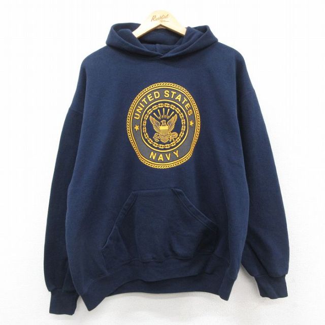 XL★古着 長袖 スウェット パーカー メンズ 90年代 90s ミリタリー USネイビー リフレクター 大きいサイズ USA製 濃紺 ネイビー 25sep25 中古 スエット トレーナー トップス