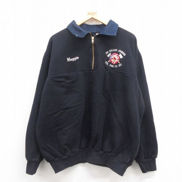 XL★古着 長袖 ハーフジップ スウェット メンズ 00年代 00s 消防署 大きいサイズ ヒジ当て 黒 ブラック 【spe】 25sep25 中古 スエット トレーナー トップス