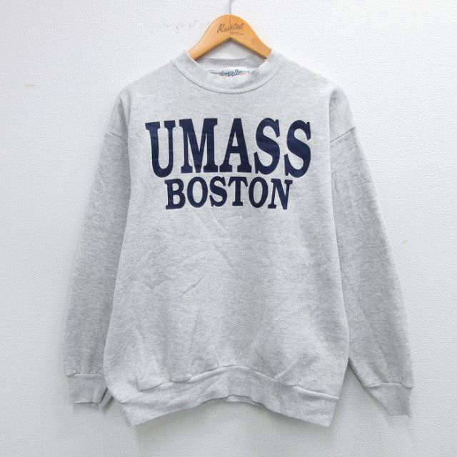 【20%OFF】M★古着 長袖 スウェット メンズ 90年代 90s UMASS クルーネック USA製 薄グレー 霜降り 25sep25 中古 スエット トレーナー トップス