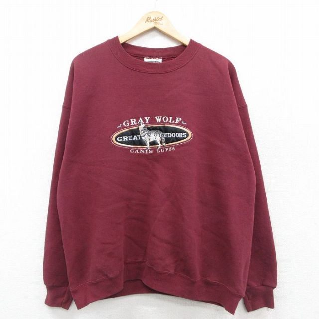 XL★古着 リー Lee 長袖 スウェット パーカー メンズ 90年代 90s オオカミ 刺繍 大きいサイズ クルーネック USA製 エンジ 25sep25 中古 スエット トレーナー トップス