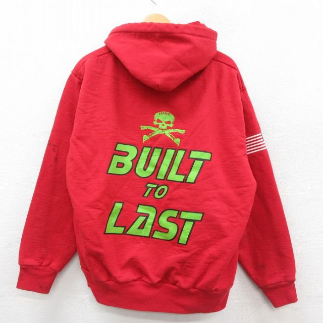 XL★古着 キャンバー 長袖 スウェット パーカー メンズ 90年代 90s BUILD TO LAST スカル USA製 赤 レッド 内側サーマル 【spe】 25sep25 中古 スエット トレーナー トップス
