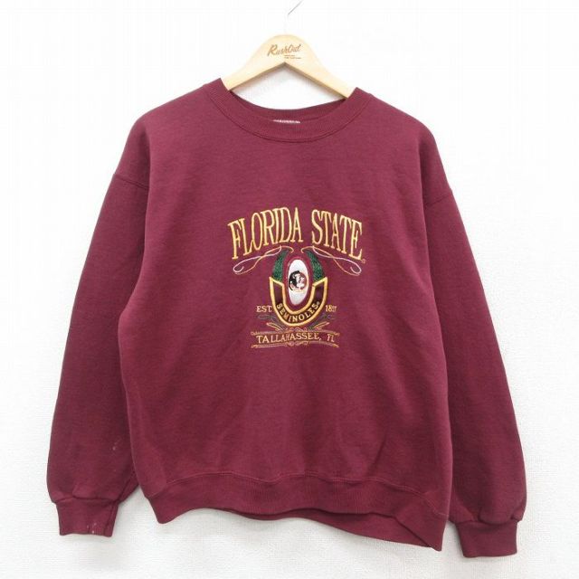 XL★古着 リー Lee 長袖 スウェット メンズ 90年代 90s フロリダセミノールズ 刺繍 USA製 エンジ 25sep25 中古 スエット トレーナー トップス