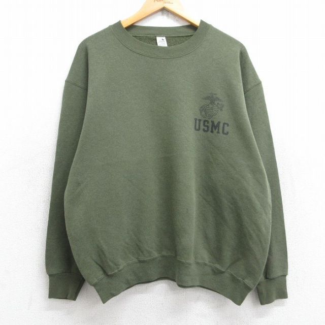 XL★古着 長袖 スウェット メンズ ミリタリー USMC クルーネック USA製 濃緑 グリーン 25sep25 中古 スエット トレーナー トップス