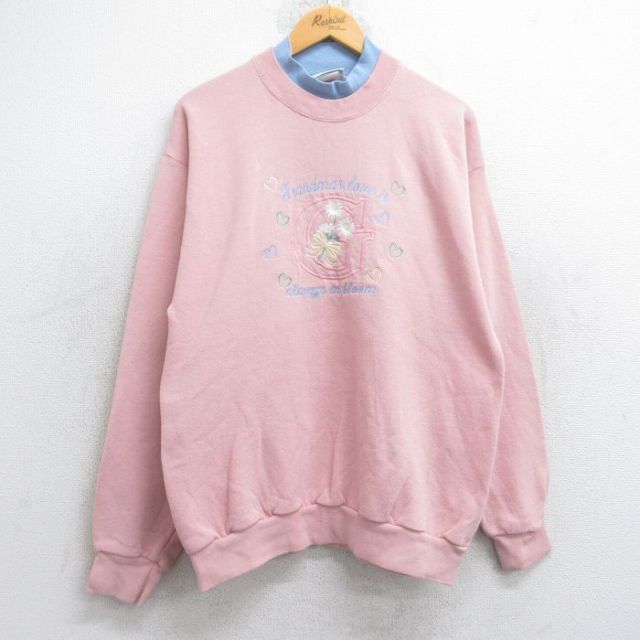 L★古着 長袖 スウェット メンズ 90年代 90s 花 ハート G 刺繍 クルーネック 薄ピンク 25sep25 中古 スエット トレーナー トップス
