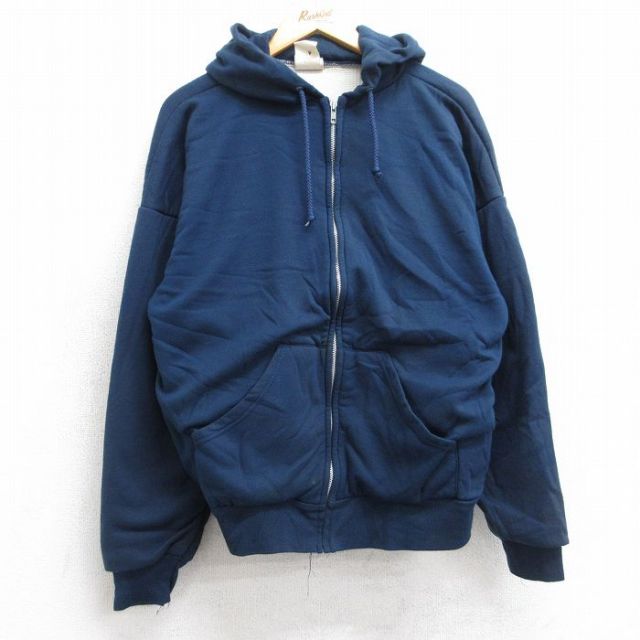 XL★古着 長袖 スウェット フルジップ パーカー メンズ 90年代 90s 無地 USA製 紺 ネイビー 内側サーマル 25sep25 中古 スエット トレーナー トップス