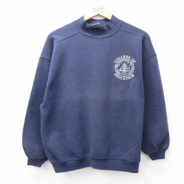 L★古着 長袖 スウェット メンズ 90年代 90s ミシガン カレッジ モックネック ハイネック USA製 紺 ネイビー 25sep26 中古 スエット トレーナー トップス