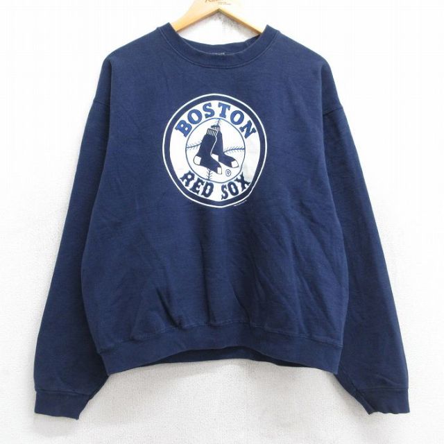 【20%OFF】L★古着 フルーツオブザルーム 長袖 スウェット メンズ 90年代 90s MLB ボストンレッドソックス クルーネック 紺 ネイビー メジャーリーグ ベースボール 野球 25sep26 中古 スエット トレーナー トップス
