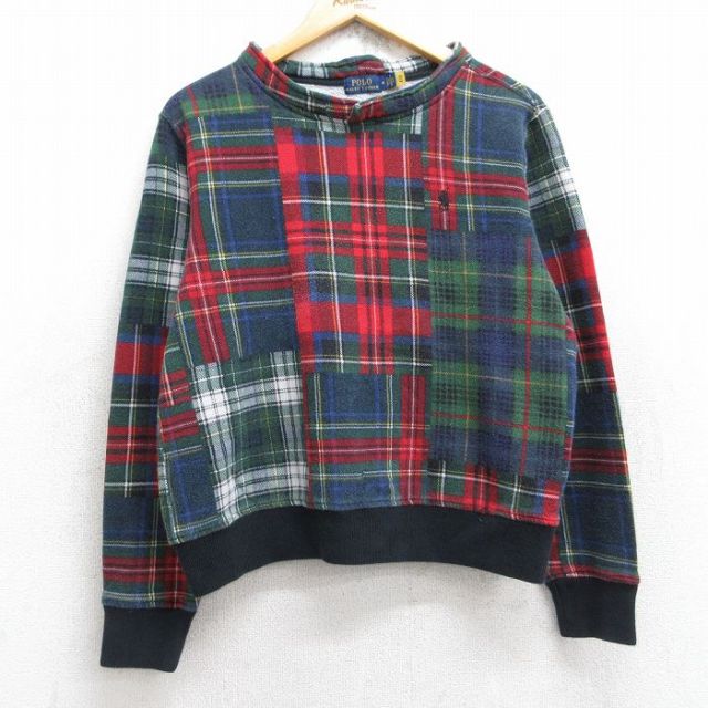 M★古着 ラルフローレン Ralph Lauren 長袖 ブランド スウェット メンズ ワンポイントロゴ モックネック ハイネック 緑他 グリーン チェック 【spe】 25sep26 中古 スエット トレーナー トップス