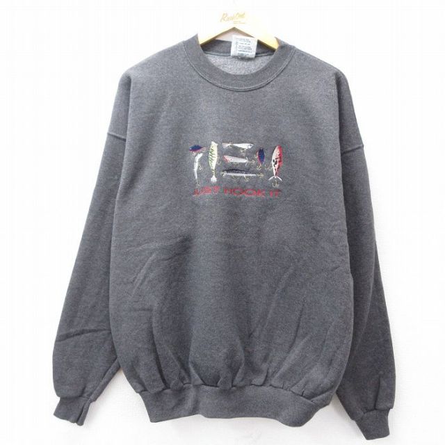 XL★古着 長袖 スウェット メンズ 00年代 00s ルアー 刺繍 大きいサイズ クルーネック 濃グレー 霜降り 25sep27 中古 スエット トレーナー トップス