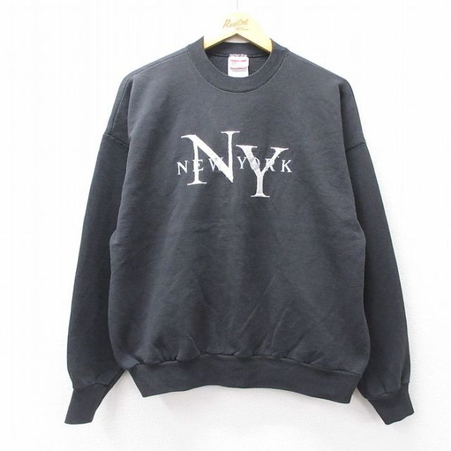 XL★古着 ヘインズ Hanes 長袖 スウェット メンズ 00年代 00s ニューヨーク 刺繍 大きいサイズ クルーネック 黒 ブラック 25sep27 中古 スエット トレーナー トップス