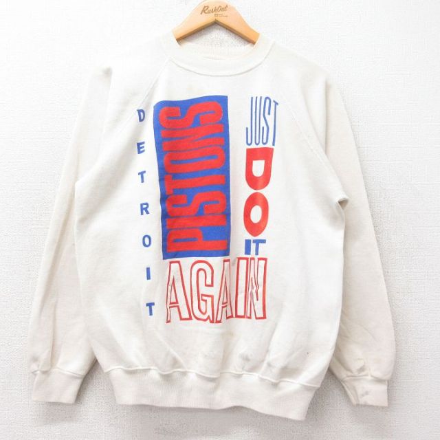 M★古着 ヘインズ Hanes 長袖 スウェット メンズ 80年代 80s NBA デトロイトピストンズ ラグラン クルーネック 生成り バスケットボール 【spe】 25sep27 中古 スエット トレーナー トップス