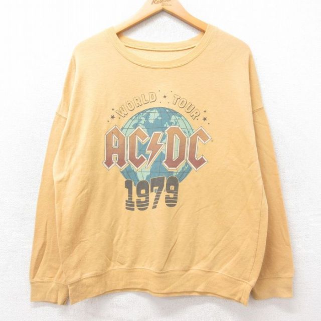 M★古着 長袖 ロック バンド スウェット メンズ AC/DC クルーネック 黄系 イエロー 25sep27 中古 スエット トレーナー トップス