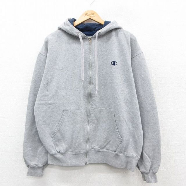 XL★古着 チャンピオン champion 長袖 スウェット フルジップ パーカー メンズ ワンポイントロゴ グレー 霜降り 25sep27 中古 スエット トレーナー トップス