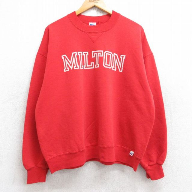 XL★古着 ラッセル 長袖 スウェット メンズ 90年代 90s ミルトン クルーネック USA製 赤 レッド 25sep30 中古 スエット トレーナー トップス
