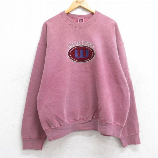 XL★古着 長袖 スウェット メンズ 90年代 90s ウェズリアン 刺繍 大きいサイズ クルーネック USA製 エンジ系 25sep30 中古 スエット トレーナー トップス