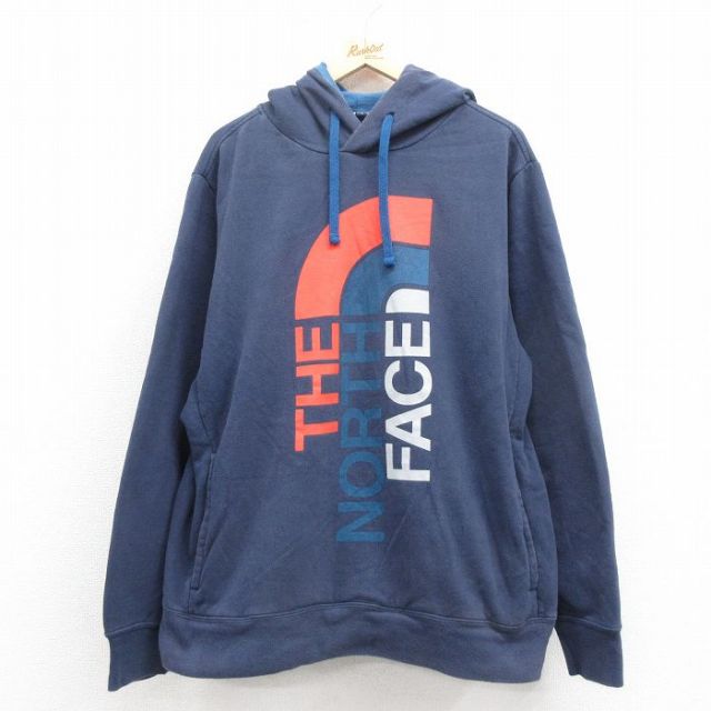 XL★古着 ノースフェイス THE NORTH FACE 長袖 スウェット パーカー メンズ ビッグロゴ 大きいサイズ 紺 ネイビー 25oct02 中古 スエット トレーナー トップス