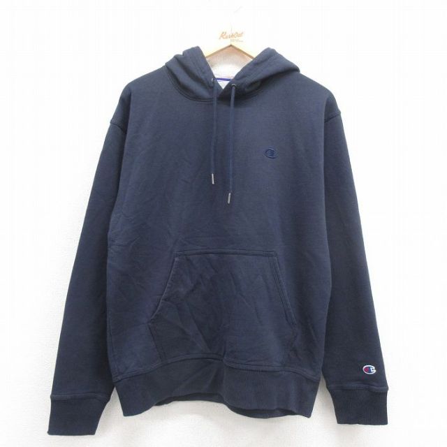 L★古着 チャンピオン champion 長袖 スウェット パーカー メンズ ワンポイントロゴ 紺 ネイビー 25oct02 中古 スエット トレーナー トップス