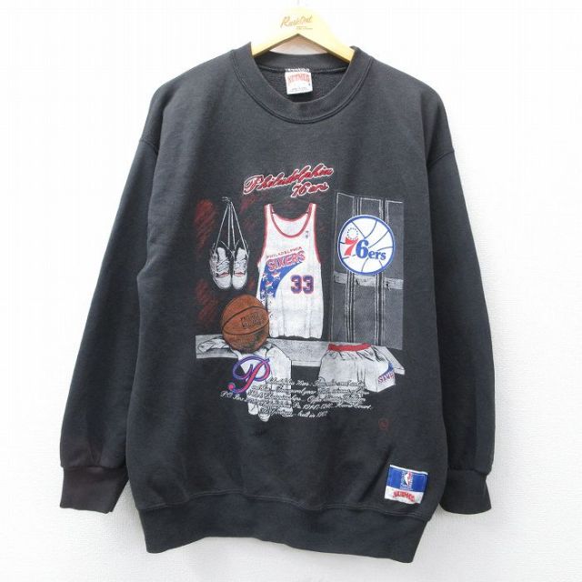 L★古着 長袖 スウェット メンズ 90年代 90s NBA フィラデルフィアセブンティシクサーズ クルーネック USA製 黒【spe】 26jan21