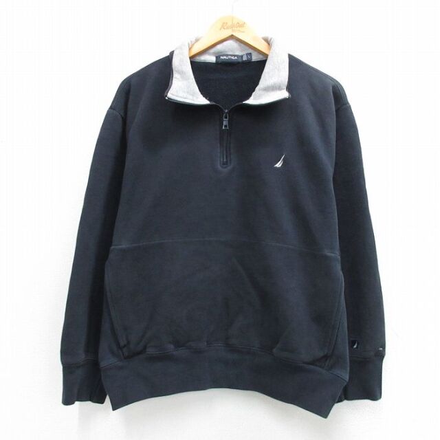 XL★古着 ノーティカ 長袖 ブランド ハーフジップ スウェット メンズ ワンポイントロゴ 黒 26mar16