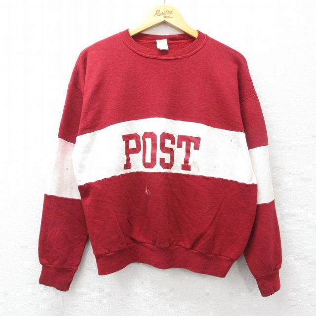 XL★古着 長袖 スウェット メンズ 80年代 80s POST クルーネック USA製 エンジ系他 26mar18