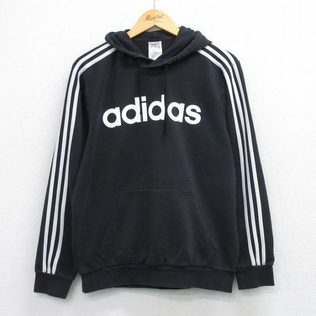L★古着 アディダス adidas 長袖 スウェット パーカー メンズ ビッグロゴ 黒 3本ライン 26mar19