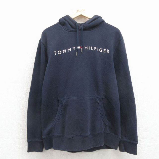 トミーヒルフィガー 長袖スウェットパーカー ビッグロゴ ネイビー メンズL相当 | 古着