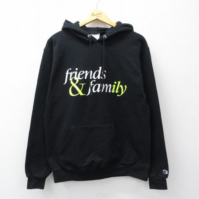 チャンピオン 長袖スウェットパーカー frinds & family スマイル ブラック メンズM相当 | 古着