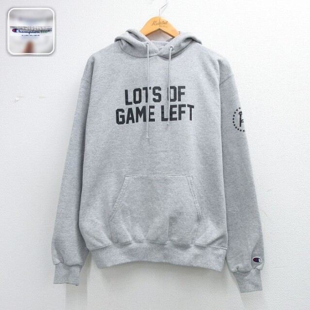チャンピオン 長袖スウェットパーカー LOTS OF GAME LEFT グレー メンズM相当 | 古着