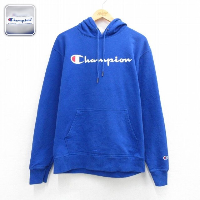 【20%OFF】チャンピオン 長袖スウェットパーカー ビッグロゴ ブルー メンズM相当 | 古着