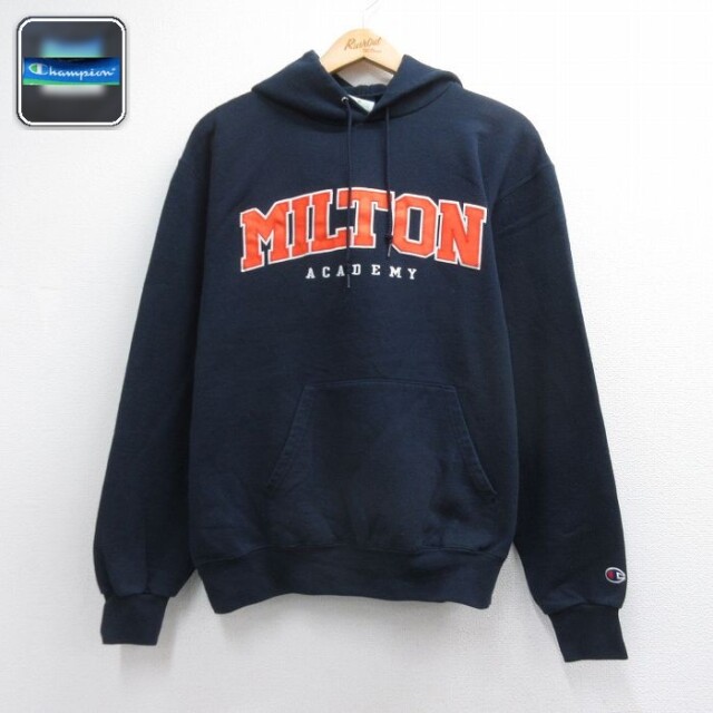 チャンピオン 長袖スウェットパーカー MILTON ネイビー メンズM相当 | 古着