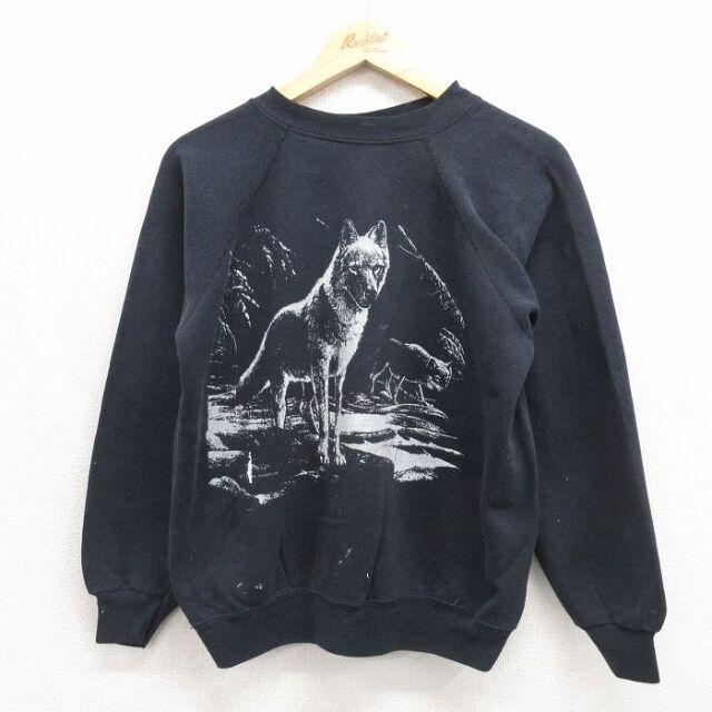 ヘインズ 90s 長袖スウェット オオカミ ブラック メンズM相当 | 古着