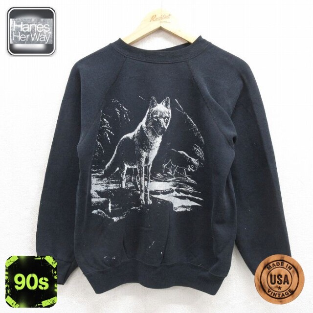 ヘインズ 90s 長袖スウェット オオカミ ブラック メンズM相当 | 古着