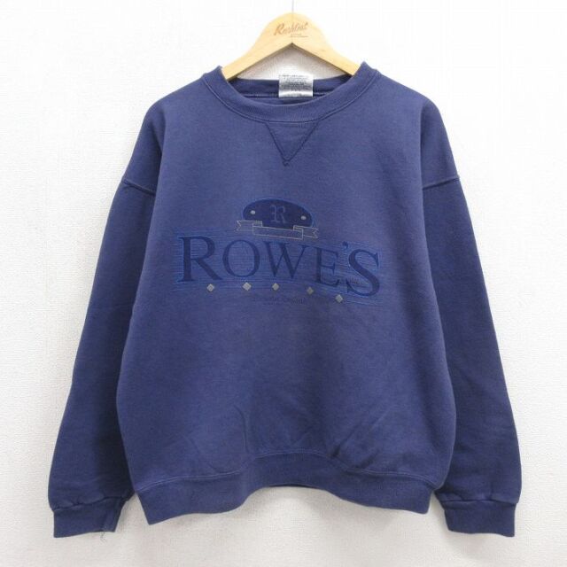 XL★古着 長袖 スウェット メンズ 90年代 90s ROWES クルーネック ネイビー 26jul28