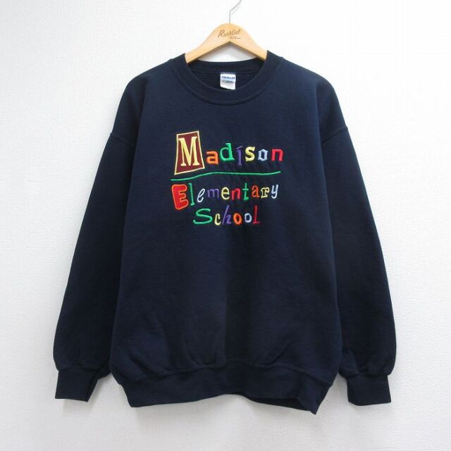 XL★古着 長袖 スウェット メンズ 00年代 00s Medison 刺繍 クルーネック ネイビー 26jul28