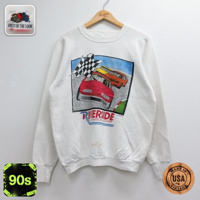 フルーツオブザルーム 90s 長袖スウェット レーシングカー ラグラン ホワイト メンズL相当 | 古着