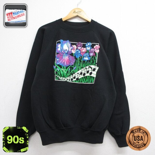 ヘインズ 90s 長袖スウェット 花 ラグラン ブラック メンズXL相当 | 古着