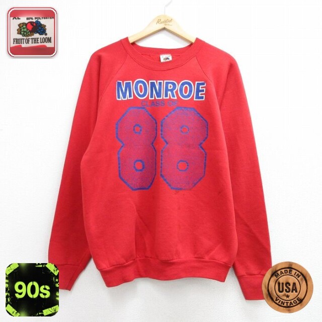 フルーツオブザルーム 90s 長袖スウェット MONROE 88 ラグラン レッド メンズL相当 | 古着