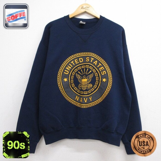 長袖 スウェット 90s ミリタリー USネイビー リフレクター クルーネック USA製 ネイビー メンズL相当 | 古着