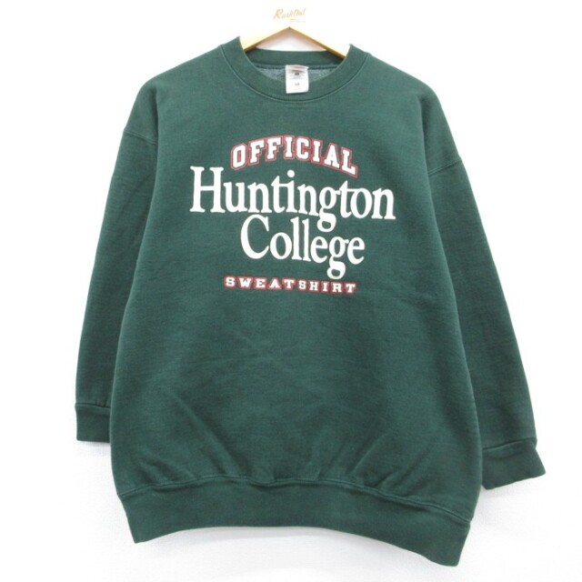 L★古着 Fruit of the Loom 長袖 スウェット メンズ 90年代 90s カレッジ 両面プリント クルーネック USA製 グリーン【spe】 26oct06