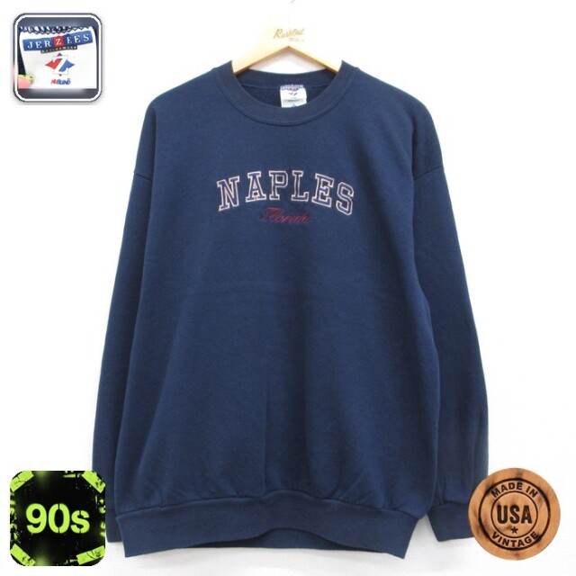 JERZEES 長袖 スウェット 90s NAPLES (州) クルーネック USA製 ネイビー メンズL相当 | 古着