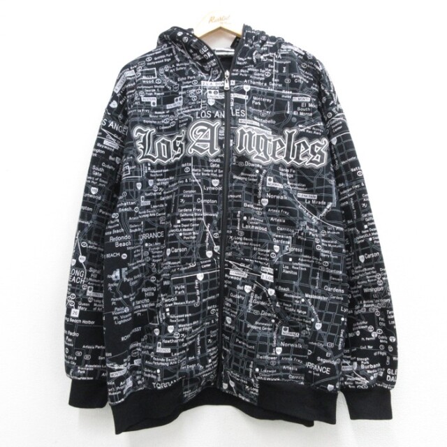 XL★古着 MJ COLLECTION 長袖 スウェット パーカー フルジップ メンズ 大きいサイズ 総柄 ブラック【spe】 26oct07