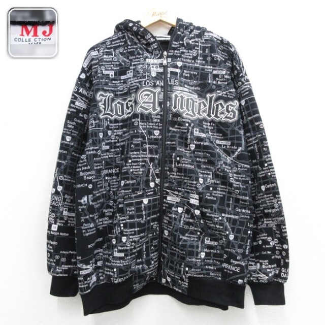 MJ COLLECTION 長袖スウェットパーカー 総柄 ブラック メンズXL相当 | 古着