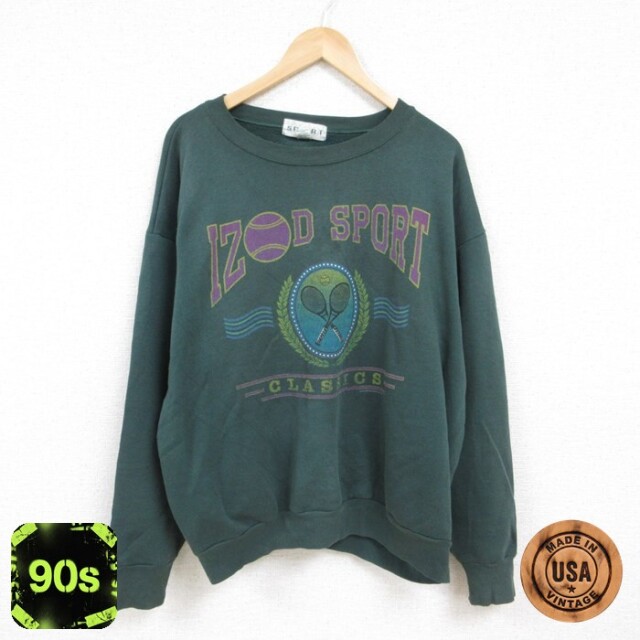【50%OFF】IZOD 90s 長袖スウェット ビッグロゴ テニスラケット グリーン メンズXL相当 | 古着