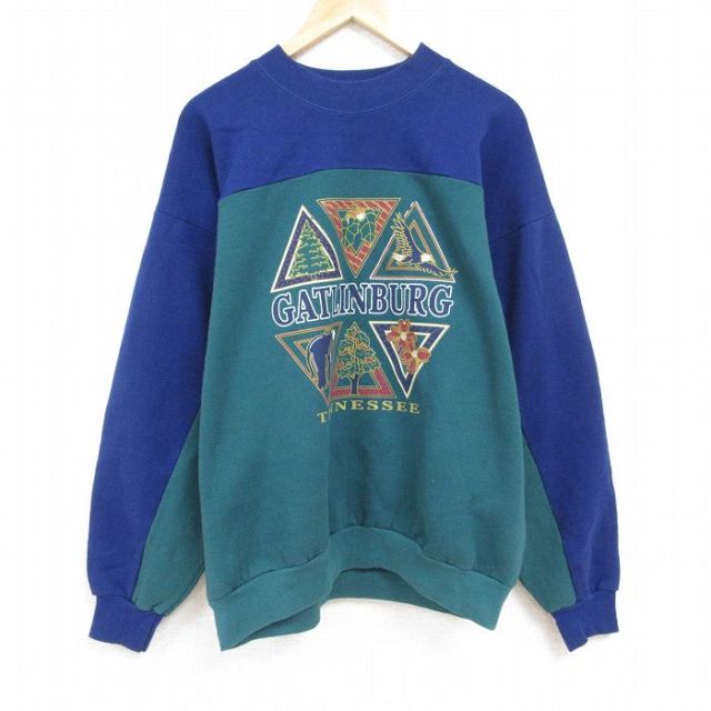 XL★古着 長袖 スウェット メンズ 90年代 90s ガトリンバーグ ツートンカラー 大きいサイズ クルーネック USA製 緑他 グリーン 24jan10 中古 スエット トレーナー トップス
