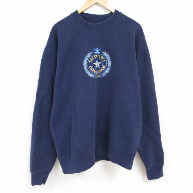 XL★古着 ジャンスポーツ 長袖 スウェット メンズ 00年代 00s シタデル 刺繍 大きいサイズ クルーネック 紺 ネイビー 24jan11 中古 スエット トレーナー トップス