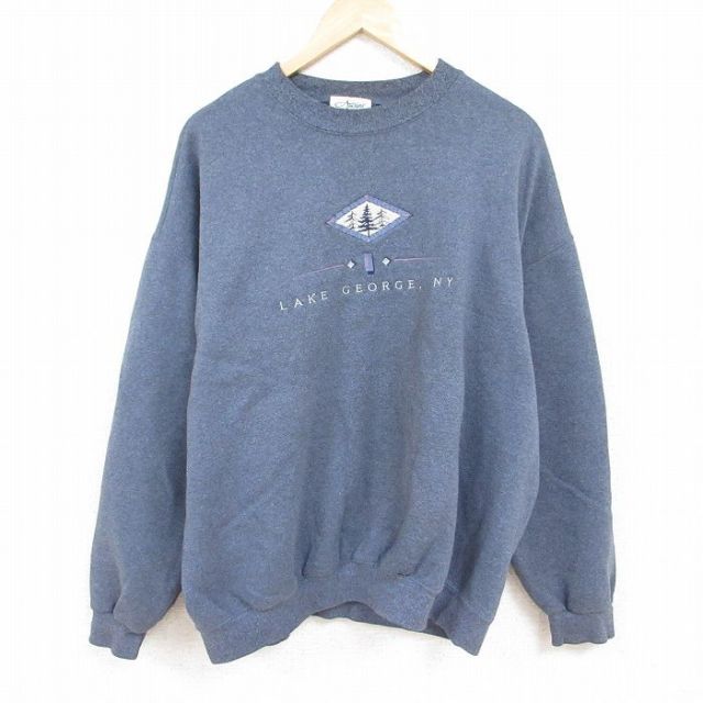 XL★古着 長袖 スウェット メンズ 00年代 00s ジョージ湖 ニューヨーク 刺繍 大きいサイズ クルーネック グレー 霜降り 24jan13 中古 スエット トレーナー トップス