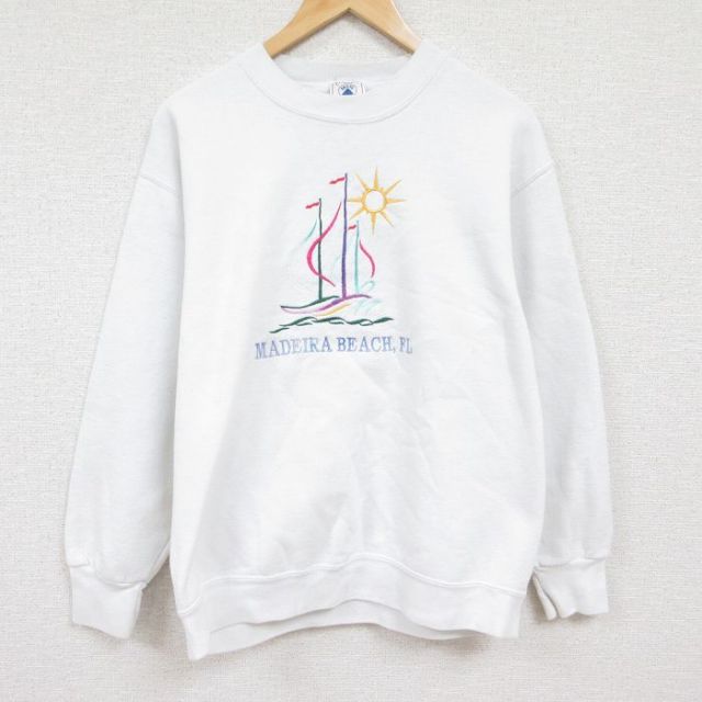 【50%OFF】L★古着 長袖 スウェット メンズ 90年代 90s マデイラビーチ 刺繍 クルーネック USA製 白 ホワイト 24jan16 中古 スエット トレーナー トップス